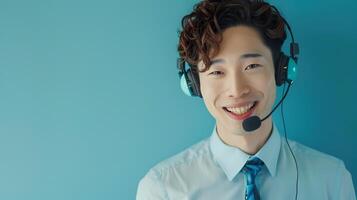 Cheerful Young Professional Excelling in Customer Service Role with Headset and Computer photo