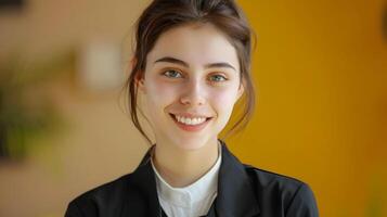 Happiness in Hospitality Young Hotel Receptionist Excelling at Work on a Colorful Background photo