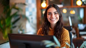 Enthusiastic Front Desk Associate Working at Colorful Office Space photo