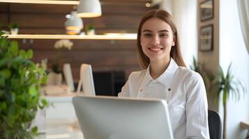 Enthusiastic Front Desk Associate Working with a Smile Professional Service and Communication photo