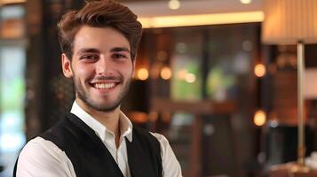 Enthusiastic Young Lodging Manager Working at Front Desk with Key Card and Reservation Check photo