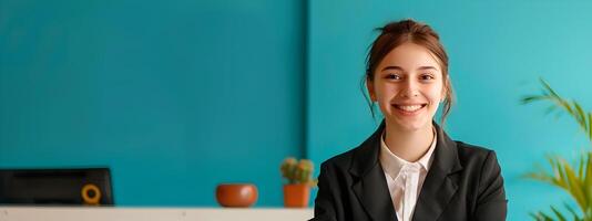 Enthusiastic Young Front Desk Manager Excels in Vibrant Office Workspace photo