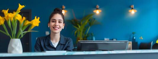 Enthusiastic Young Front Desk Manager Excelling in Modern Workspace photo