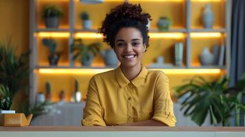 Enthusiastic Front Desk Associate A Portrait of Dedicated Hospitality photo