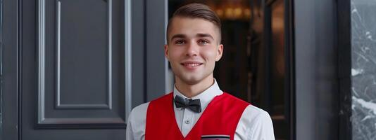 Enthusiastic Hotel Front Door Greeter Welcoming Guests with a Genuine Smile photo