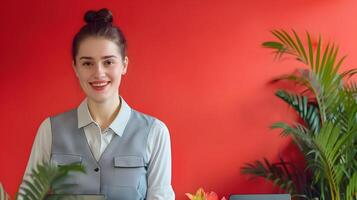 Enthusiastic Hotel Receptionists Vibrant Workspace Captures the Spirit of Exceptional Guest Service photo