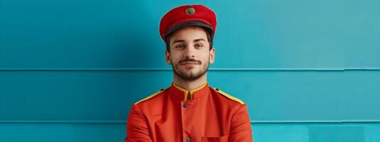 Enthusiastic Young Bellhop Exuding Professionalism and Joy in a Colorful Setting photo