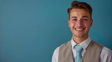 Enthusiastic Young Lodging Manager Excelling at Work on Colorful Background photo