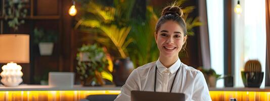 Enthusiastic Front Desk Manager Excels in Colorful Office Workspace photo