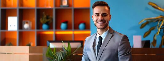 Enthusiastic Front Desk Manager Excelling in Colorful Workspace photo