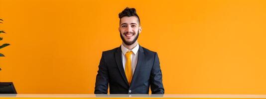 Enthusiastic Young Front Desk Manager Excels at Work on Colorful Background photo