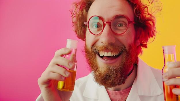 Enthusiastic Young Chemist Excitedly Exploring New Solutions in Vibrant Lab photo