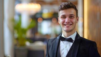 Enthusiastic Young Hotel Manager Exuding Professionalism and Warmth in a Colorful Reception Setting photo