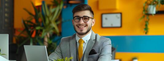 Enthusiastic Front Desk Manager Symbol of Excellent Customer Service in a Modern Workspace photo