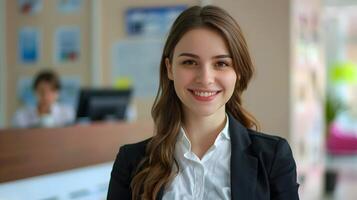 Happy Young Front Desk Manager Exuding Professionalism and Success in a Vibrant Workspace photo