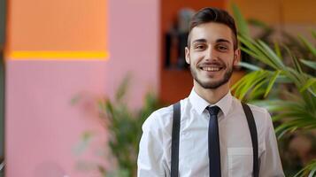 Happy Young Hotel Manager Exuding Confidence and Professionalism in a Vibrant Workplace photo