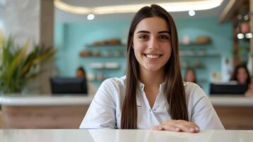 Happy Young Front Desk Associate Excels in Vibrant Office Workspace photo