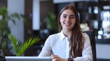 Happy Young Front Desk Associate Excelling in Corporate Environment photo