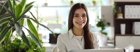 Happy Young Front Desk Manager Exuding Professionalism and Enthusiasm in Vibrant Workspace photo
