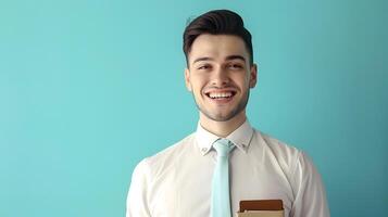 Happy Young Lodging Manager Exuding Professionalism in Vibrant Workspace photo