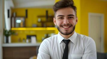 Happy Young Hotel Manager Exuding Professionalism and Warmth in Vibrant Workspace photo