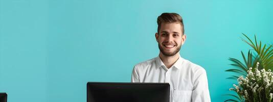Happy Young Front Desk Manager Exuding Professionalism and Enthusiasm in Vibrant Office Environment photo