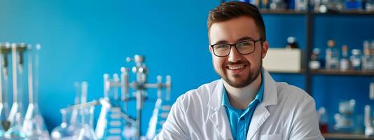 Happy Young Atmospheric Scientist Excels in Colorful Lab Environment photo