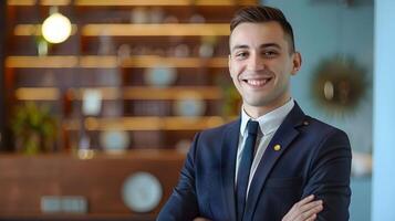 Happy Young Hotel Manager Exuding Professionalism in Vibrant Workspace photo