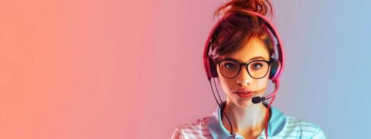 Happy Young Customer Support Representative Excels at Work on Colorful Background photo