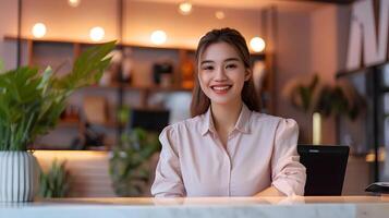 Happy Front Desk Associate Exuding Professional Warmth in Vibrant Office Space photo
