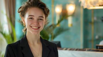 Happy Young Hotel Receptionist Exemplifying Professionalism in Vibrant Workspace photo
