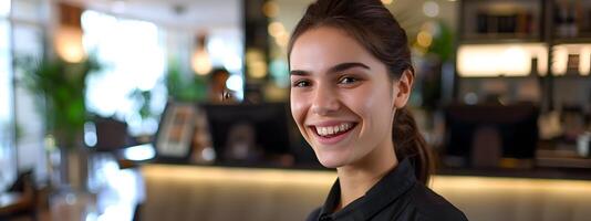 Happy Young Front Desk Associate Excelling in Hospitality Service photo