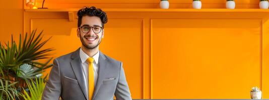 Happy Young Front Desk Manager Excelling in Vibrant Office Workspace photo