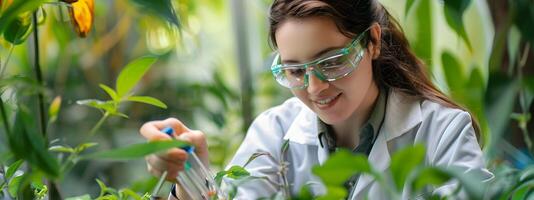 Happy Young Conservation Scientist Examining Plant Species in the Lab A Commitment to Natures Protection photo