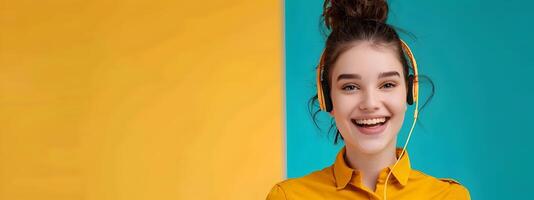 Happy Young Call Center Representative Exuding Pride and Professionalism in a Vibrant Work Environment photo