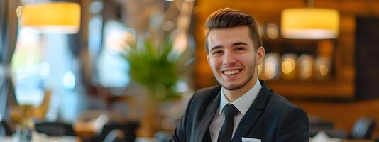 Happy Young Lodging Manager Exuding Professional Dedication at Colorful Office photo