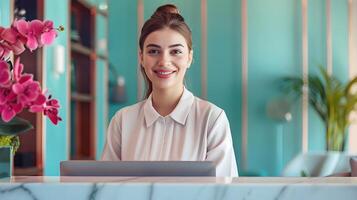 Happy Young Front Desk Manager Excelling in Vibrant Workspace photo