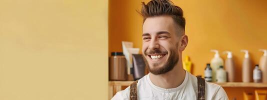 Happy Young Barber Excelling in his Craft on a Colorful Background photo