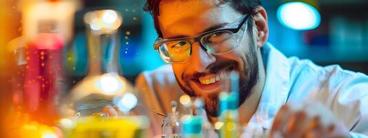 Happy Young Atmospheric Scientist Pursuing Innovative Research on Colorful Background photo