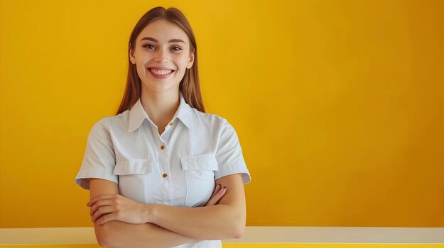Happy Young Hotel Receptionist Excels at Frontdesk Service on Color Background photo