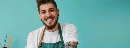 Happy Young Barber Excelling in His Craft on a Colorful Backdrop photo