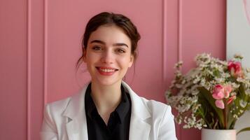 Happy Young Hotel Receptionist Providing Exceptional Service with a Genuine Smile photo