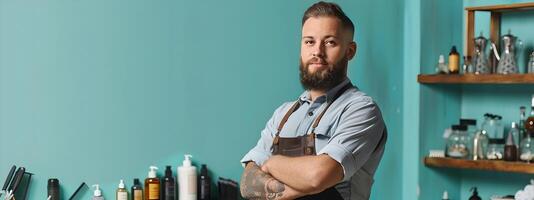Happy Young Barber Expertly Crafting a Stylish Look on a Colorful Backdrop photo