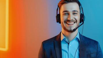 Happy Young Call Center Representative Excelling in Workplace Communication photo
