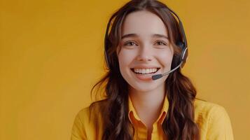 Happy Young Customer Support Representative Excelling in Professional Service on Color Background photo