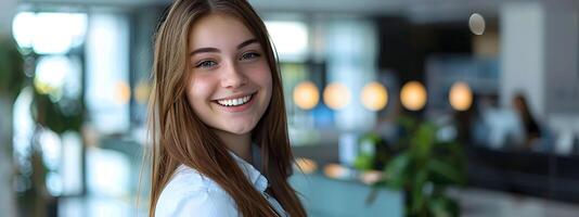 Happy Young Front Desk Associate Excels in Workplace with Vibrant Color Background photo