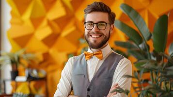 Happy Young Lodging Manager Exuding Professionalism in Vibrant Workspace photo