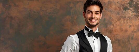 Happy Young Valet Exuding Professional Dedication in Colorful Workplace photo