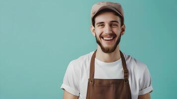Happy Young Porter Exuding Joy and Gratitude in a Vibrant Work Environment photo