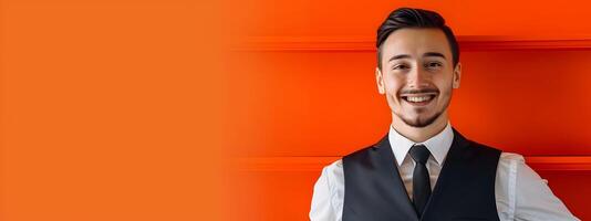 Hotel Managers Genuine Smile Symbolizes Unmatched Customer Service and Success photo